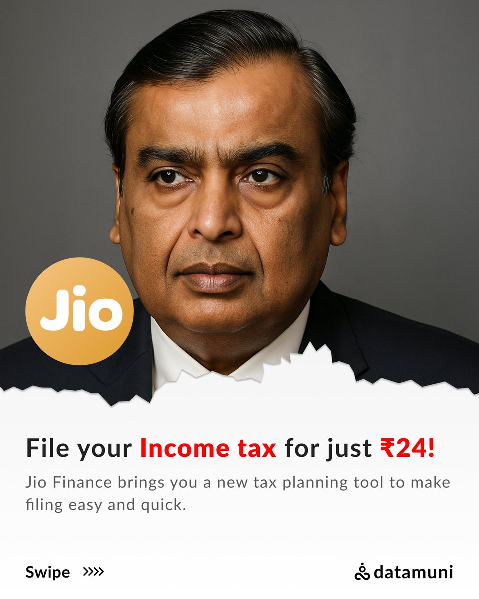 thedatamuni's tweet image. JioFinance App, in partnership with TaxBuddy, now offers ITR filing &amp;amp; tax planning for just ₹24 — making compliance simpler, digital, and affordable for everyone. 🚀

datamuni.ai/news/details/j…

#JioFinance #TaxFiling #ITR2025 #DigitalIndia