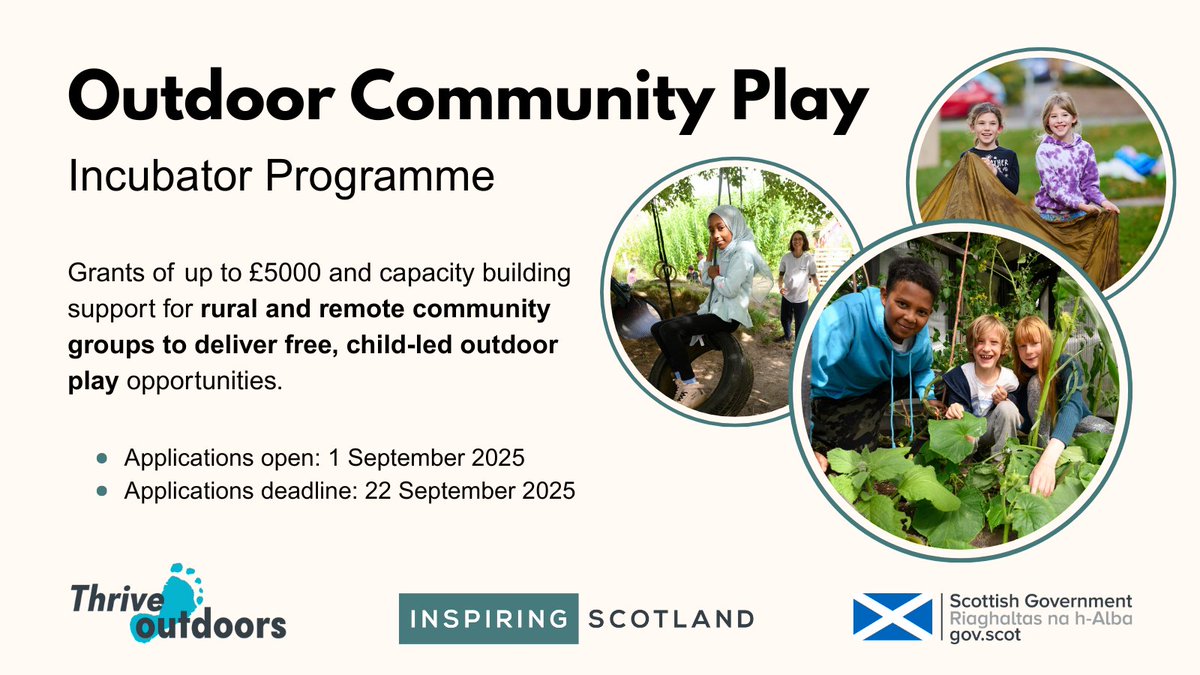 More funding through the Outdoor Community Play fund! 🤸🌟
We’ve just launched a new incubator programme for community groups in rural and remote areas to create more free, child-led outdoor play opportunities 👇
inspiringscotland.org.uk/fund/ocp-incub…
