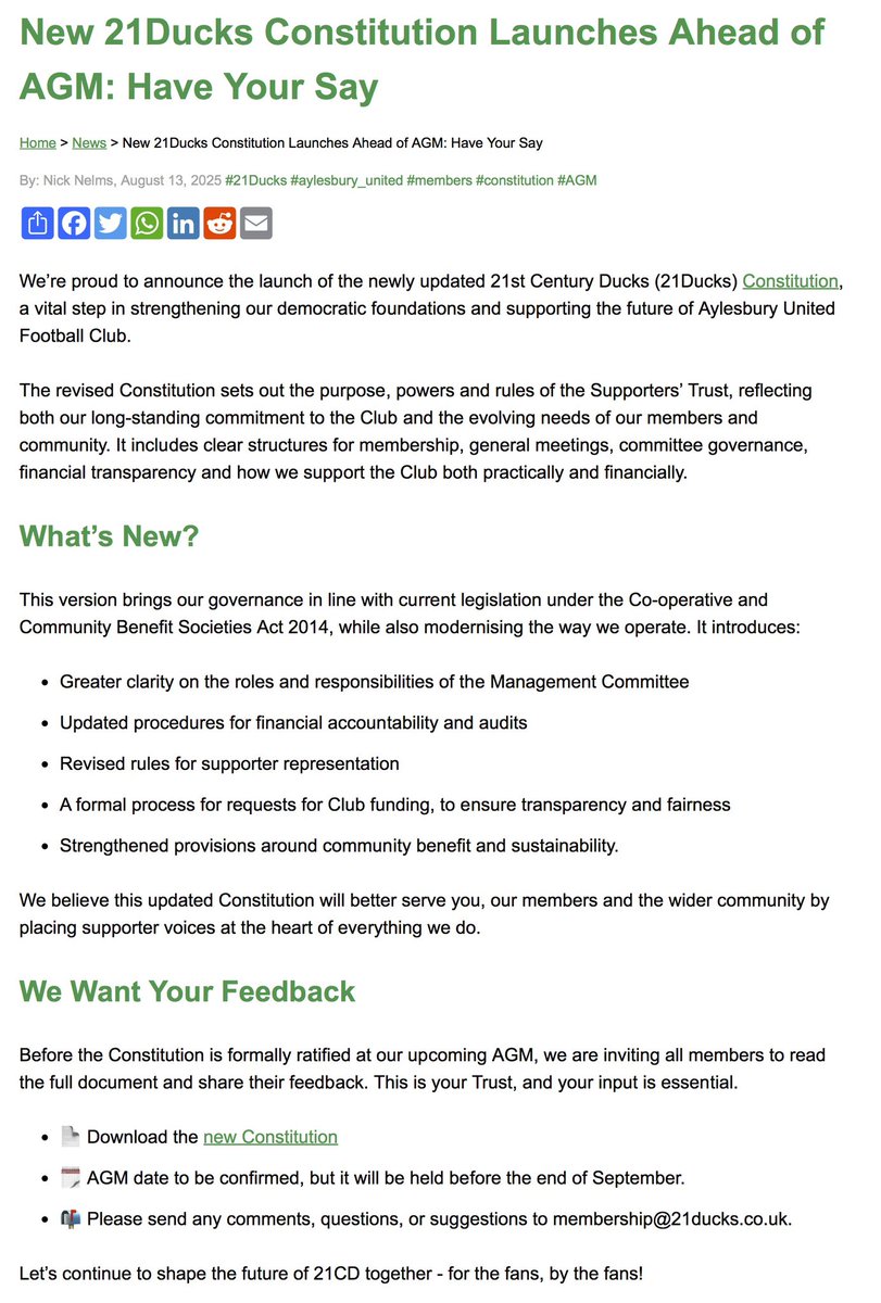 Read about 21st Century Ducks’ new Constitution for the Aylesbury United Supporters Trust, to be discussed and approved at our next AGM.
