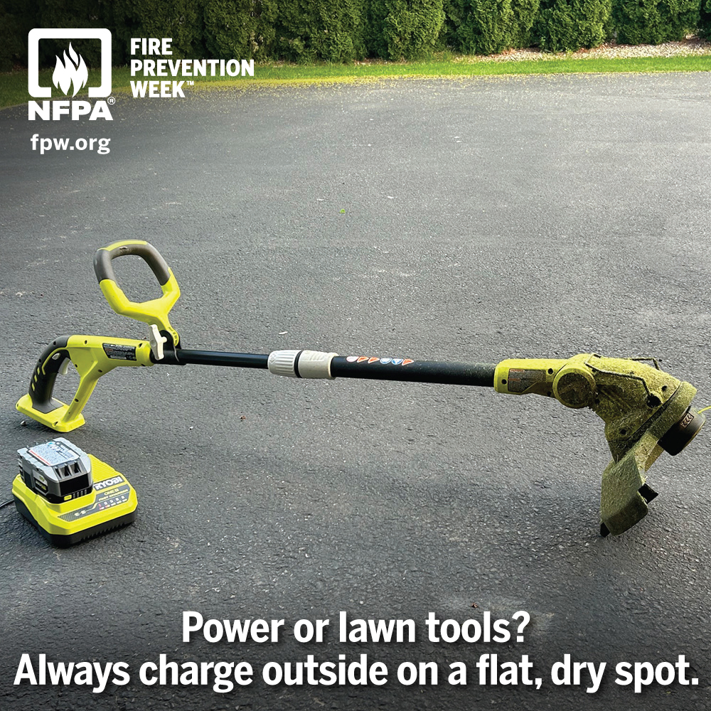 farmingtonmn's tweet photo. Fire Prevention Week
Charge into Fire Safety - Lithium-Ion Batteries in Your Home
CHARGE devices safely.
Power or lawn tools? Always charge outside on a flat, dry spot. https://t.co/BWFrvbHtKh. https://t.co/5KItiP3WTF
