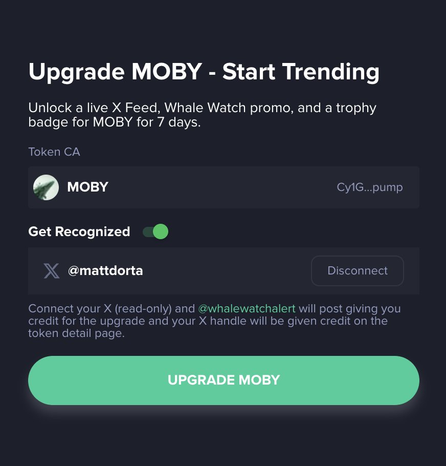 Moby AI (@mobyagent) on Twitter photo New Update: Upgrade, Get Credit ๐
Working for your bags? Get the recognition you deserve.
Users who upgrade a token to Pro or add a Banner on MobyScreener now have the option to receive public recognition for their efforts.
- The <a href="/whalewatchalert/">Whale Watch by Moby</a> account will tweet that you New Update: Upgrade, Get Credit ๐
Working for your bags? Get the recognition you deserve.
Users who upgrade a token to Pro or add a Banner on MobyScreener now have the option to receive public recognition for their efforts.
- The <a href="/whalewatchalert/">Whale Watch by Moby</a> account will tweet that you
