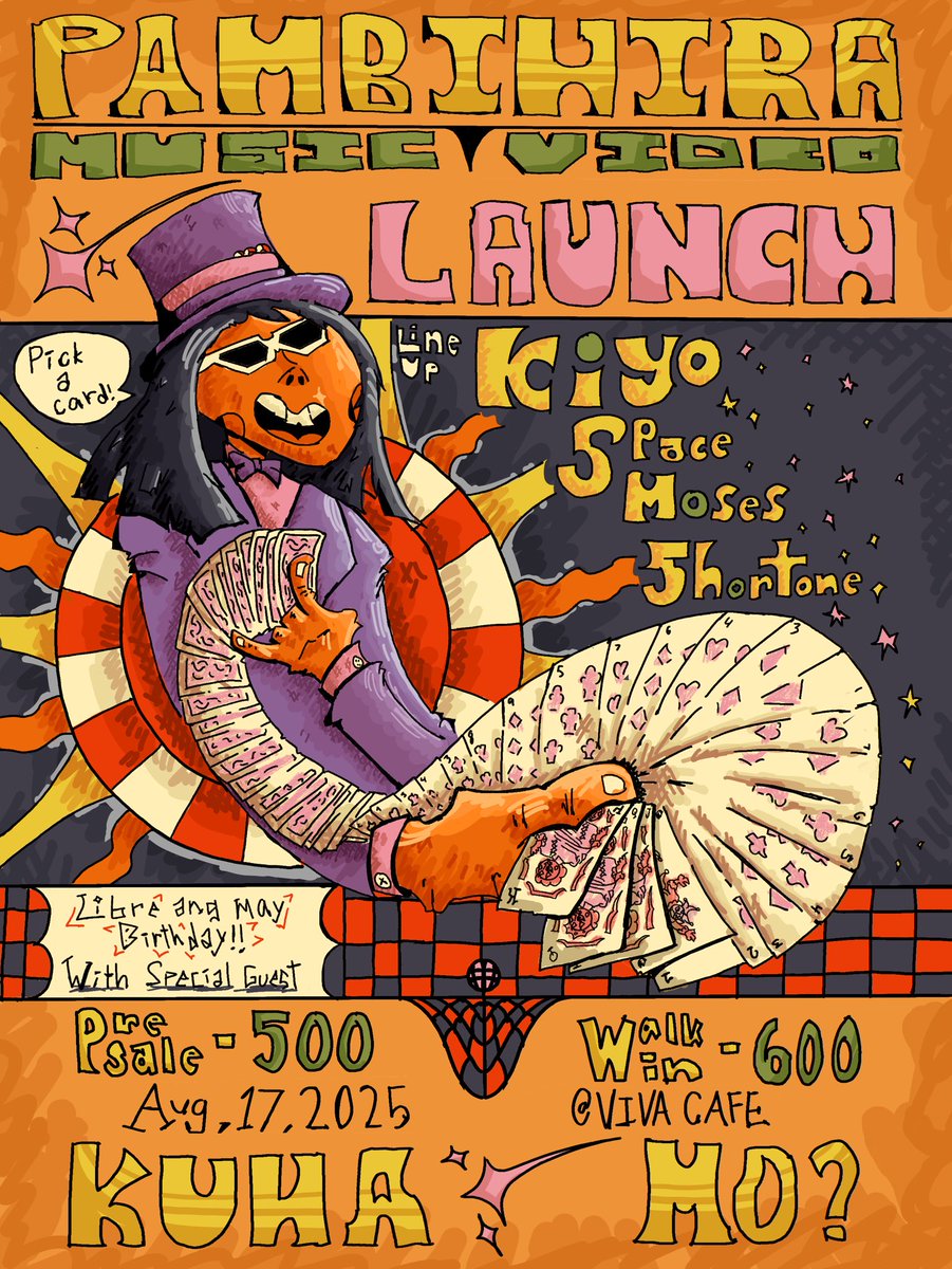 ALTERNATE POSTER IN DA HOUSE YOW! 

MULI INIIMBITAHAN NAMIN KAYO SA ISANG MALAKING PARTY!!!!! NAPAKALUPIT NA LINE UP NA MAY TRICKS AND GIMMICKS!

🎲 PAMBIHIRA MV LAUNCH 🎲
📅 Aug 17 – Viva Café, QC
🎤 KIYO • SPACE MOSES • SHORTONE

💸 ₱500 Pre-sale | ₱600 Walk-in
#WAG NA WAG
