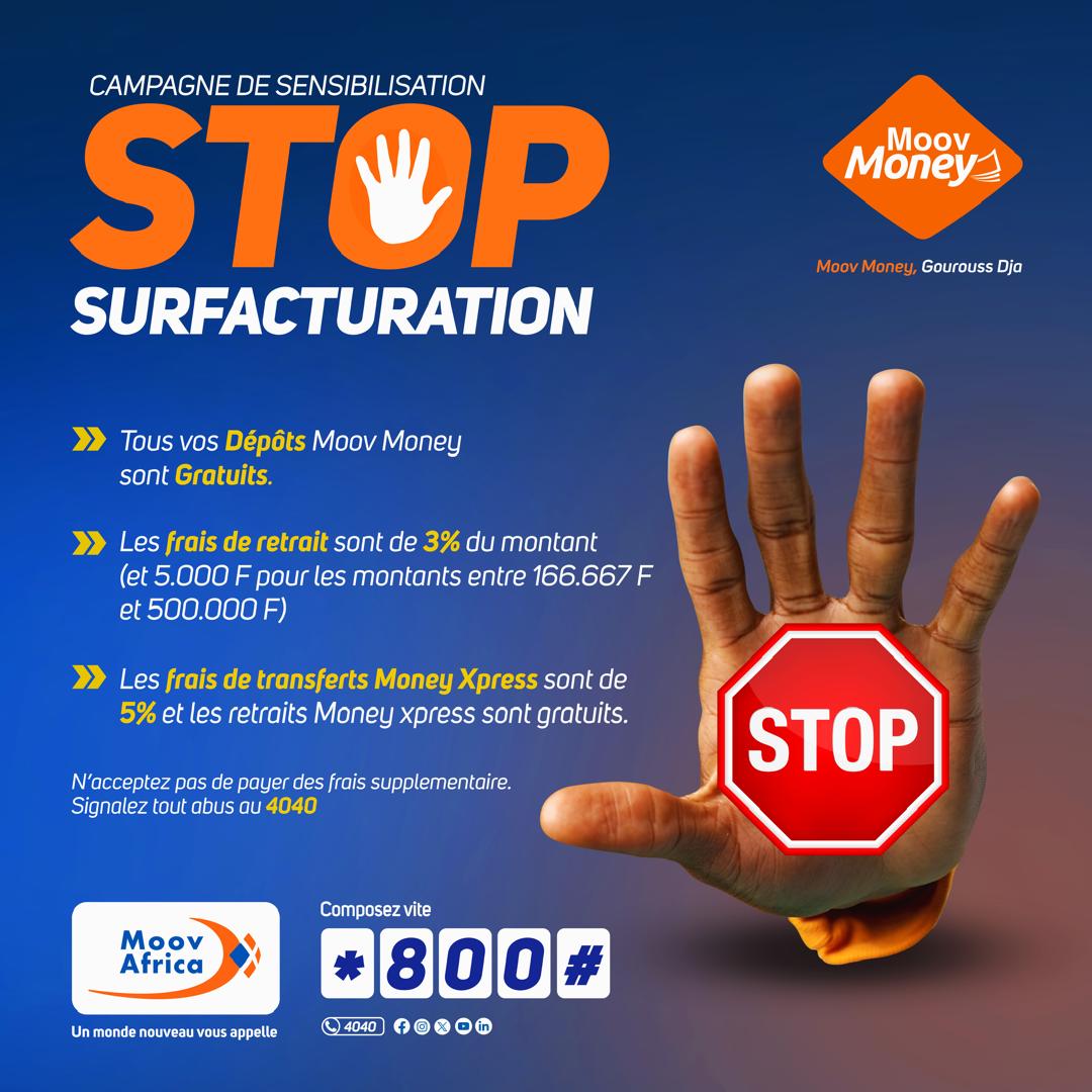 Campagne de sensibilisation STOP❌️ SURFACTURATION ‼️
 
MOOV AFRICA💙🧡 TCHAD informe son aimable🤗 clientèle et partenaires que les tarifs de MOOV MONEY🧡🧡 sont fixés de manière officielle comme suit 👇