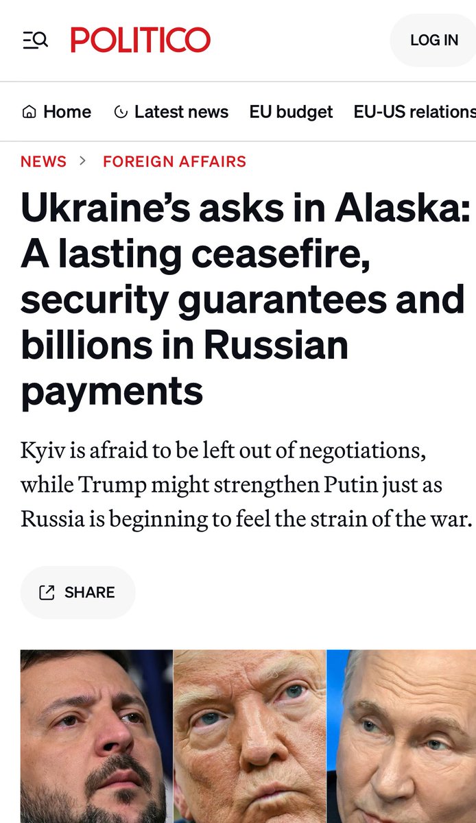 Politico reports that Ukraine has outlined five key demands for a peace settlement with Russia: a lasting ceasefire before any territorial talks, Russian compensation for damages estimated at $500 billion to $1 trillion, security guarantees, maintaining sanctions on Russia, and