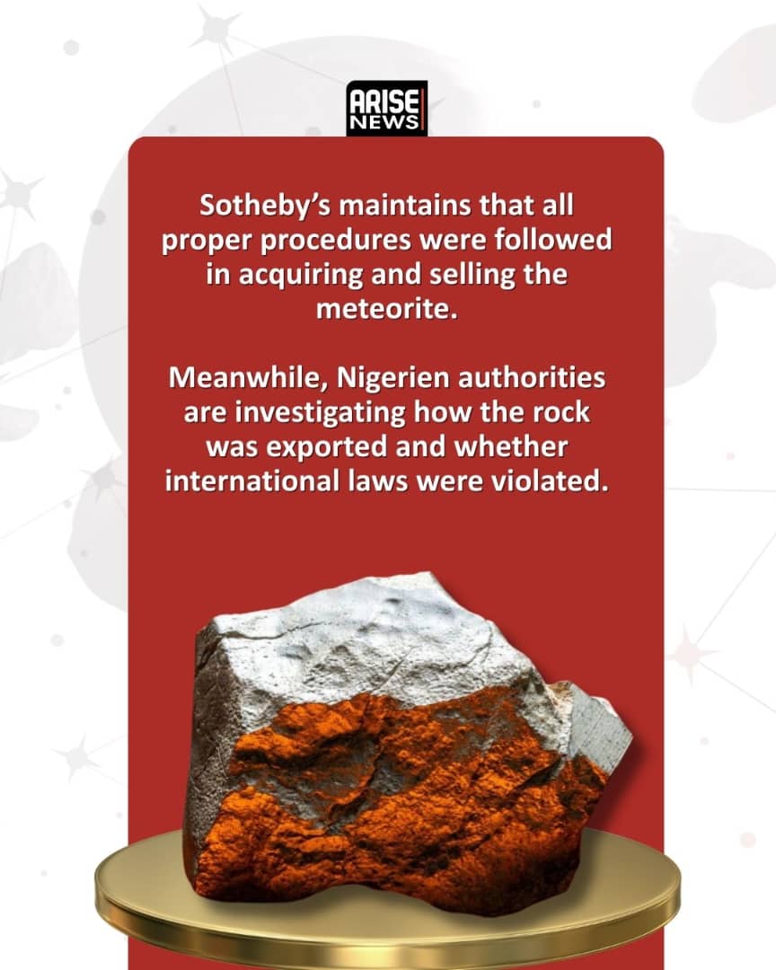 ARISEtv's tweet photo. The sale of the largest known fragment of Mars has ignited controversy in Niger, stirring both scientific and diplomatic debate.
The rock’s movement out of the West African country is now under scrutiny, with officials demanding answers.
#Niger #Marsmeteorite #Meteorite https://t.co/nvjS73i8oZ