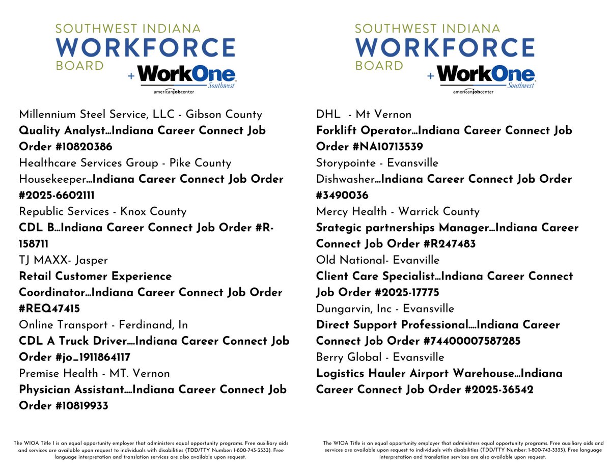 swinworkforce's tweet photo. Find the most recent WorkOne Southwest job listings below. Stop by any WorkOne office to receive free help with your application! We look forward to seeing you soon! https://t.co/oIxOQlDbgu