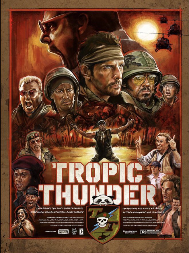 Il y a 17 ans, @RedHourBen livrait son blockbuster délirant et fun : #TropicThunder.
Son casting étoilé, sa satire hollywoodienne, ses caméos incroyables, font de #TonnerreSousLesTropiques (titre vf) une réussite indéniable, un parodie désopilante, une comédie cultissime.