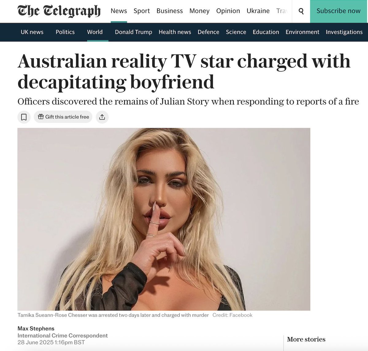 Amazing how I've only just heard of this awful story of a TV star beheading her boyfriend, then walking around with his decapitated head in a bag. 

Normally such brutal crimes, particularly in Australia, are endlessly talked about by the usual suspects, but this time...nothing?