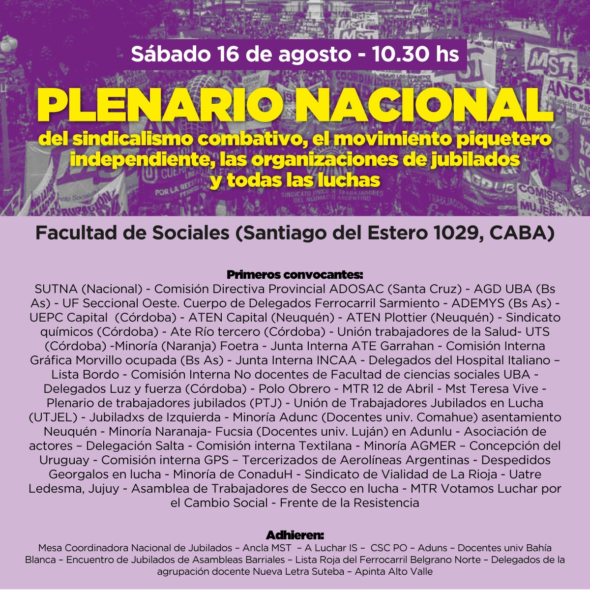 UbaAgd's tweet photo. Plenario Nacional del sindicalismo combativo, el movimiento piquetero independiente, las organizaciones de jubilados en lucha y todas las luchas en curso

Sábado 16 de agosto 10.30 hs, Facultad de Cs. Sociales (Santiago del Estero 1029)
https://t.co/ucR6qvd7Qq https://t.co/um2Qf2cfqG