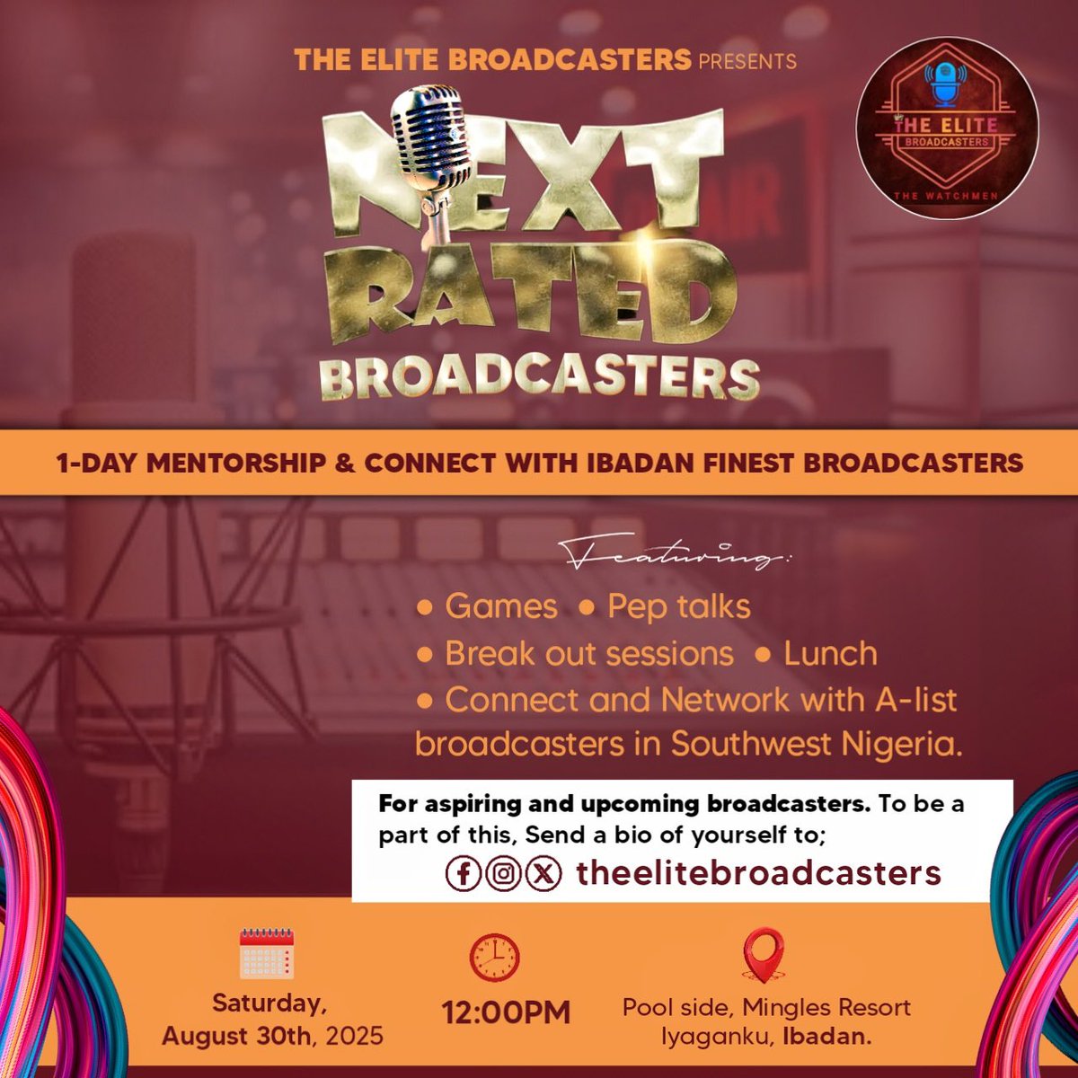 Dear young and aspiring broadcasters, come meet, dine and wine with The Elite Broadcasters, Ibadan finest broadcasters.
.
Cc: <a href="/Arugboboisi_Sam/">ArugboBoisi</a> <a href="/Aareelereoba/">ElereOba</a>