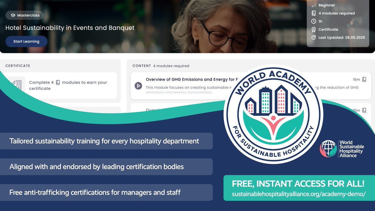SustHosAlliance's tweet image. Tried the World Academy demo? Now bring the full experience to your whole team.

🔹Your own dedicated platform
🔹Access to all courses and resources
🔹Endorsed by top #hotels and certifiers
🔹Flexible, affordable rollout
🔹#LMS integration

Get in touch → sustainablehospitalityalliance.org/world-academy/…