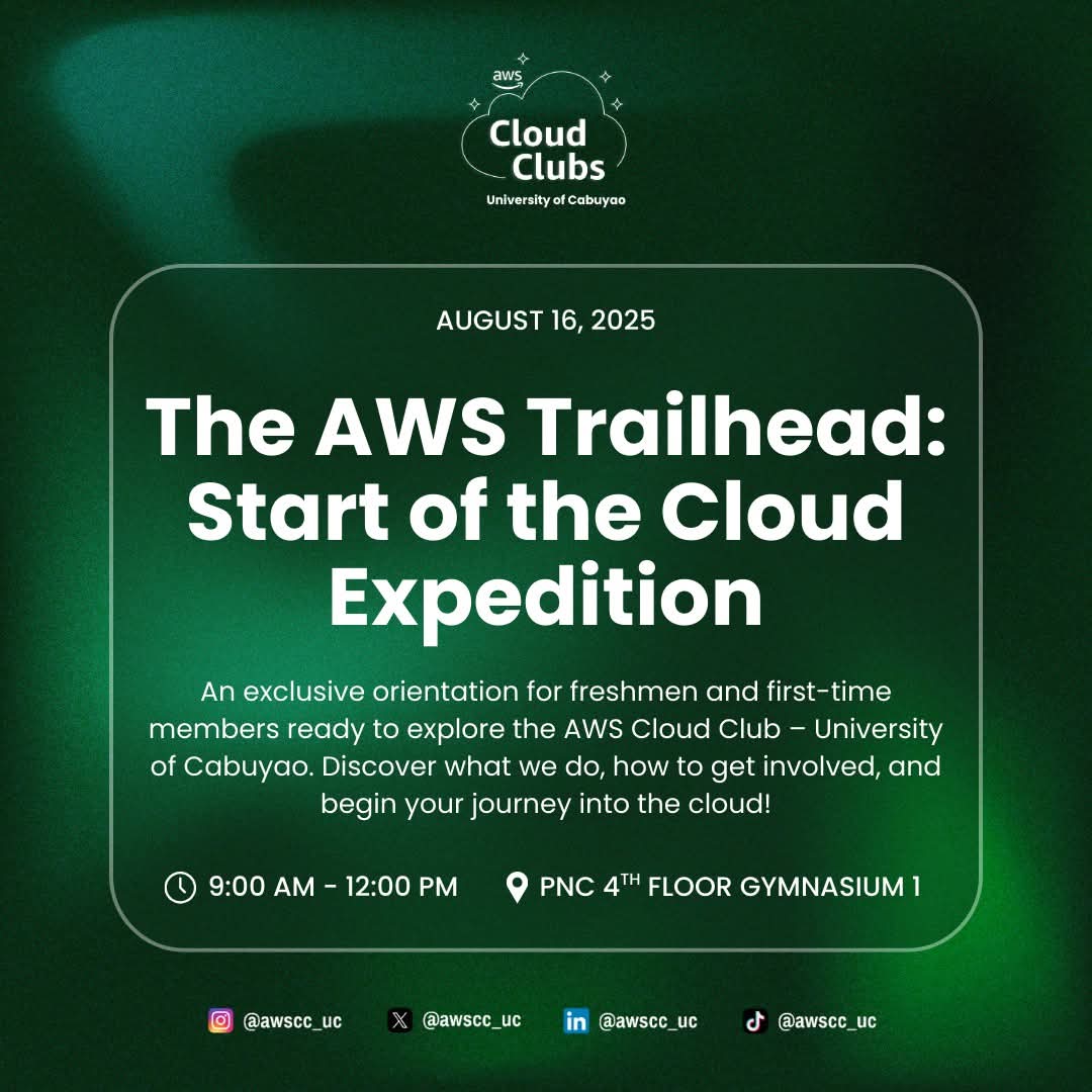 awscc_uc's tweet photo. 🧭 𝐓𝐡𝐞 𝐀𝐖𝐒 𝐓𝐫𝐚𝐢𝐥𝐡𝐞𝐚𝐝: 𝐒𝐭𝐚𝐫𝐭 𝐨𝐟 𝐭𝐡𝐞 𝐂𝐥𝐨𝐮𝐝 𝐄𝐱𝐩𝐞𝐝𝐢𝐭𝐢𝐨𝐧

Freshmen and first-time explorers — this is your chance to begin your journey into the AWS Cloud Club – University of Cabuyao. https://t.co/G1RRet3IPG