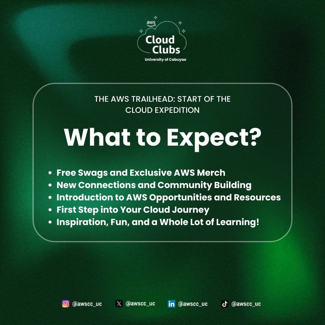 awscc_uc's tweet photo. 🧭 𝐓𝐡𝐞 𝐀𝐖𝐒 𝐓𝐫𝐚𝐢𝐥𝐡𝐞𝐚𝐝: 𝐒𝐭𝐚𝐫𝐭 𝐨𝐟 𝐭𝐡𝐞 𝐂𝐥𝐨𝐮𝐝 𝐄𝐱𝐩𝐞𝐝𝐢𝐭𝐢𝐨𝐧

Freshmen and first-time explorers — this is your chance to begin your journey into the AWS Cloud Club – University of Cabuyao. https://t.co/G1RRet3IPG