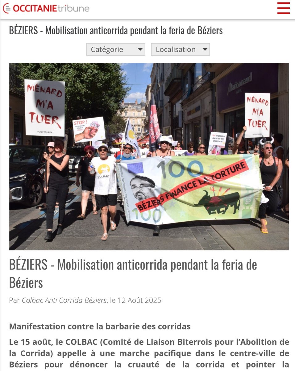 #Beziers les anti-corrida sont méprisés, insultés à répétition par le maire de <a href="/VilleDeBeziers/">Ville de Béziers</a> 
Le 15 août nous marcherons pacifiquement dans la ville pour inlassablement dénoncer la cruauté de la corrida et la responsabilité des élus locaux et nationaux 
occitanie-tribune.com/articles/53439…