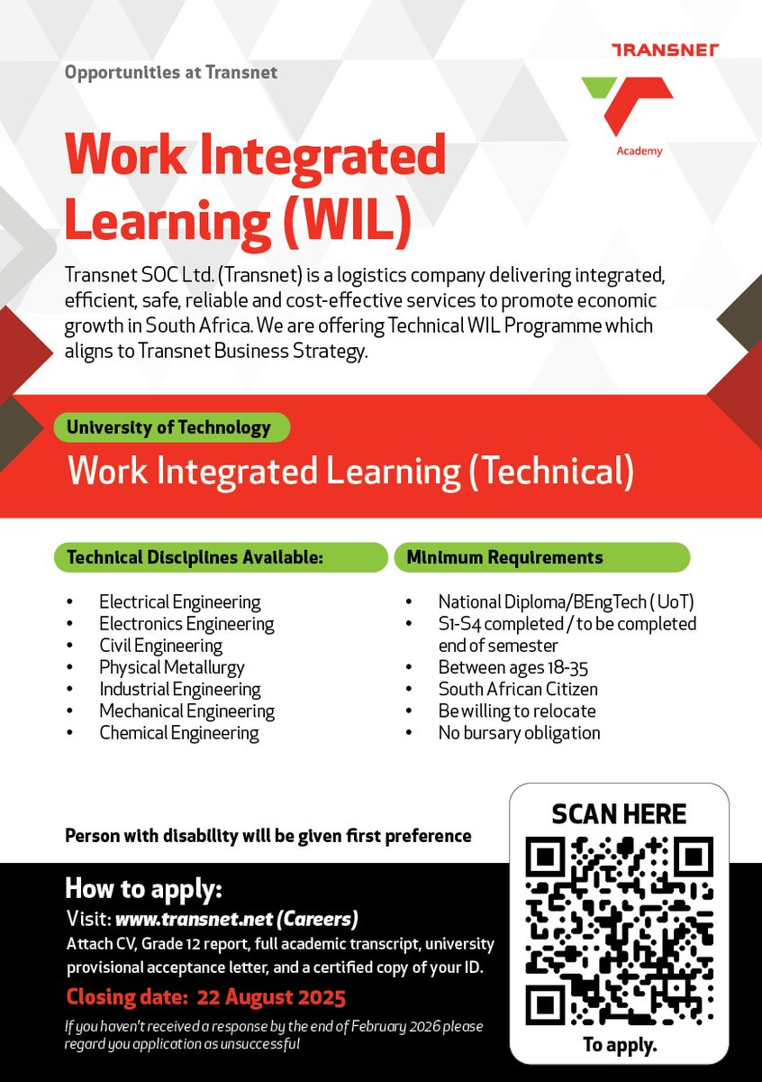 follow_transnet's tweet photo. 📢 Transnet invites students and recent graduates in technical and non-technical disciplines to apply for our 12-month Work Integrated Learning (WIL) Trainee Programme.

This is an opportunity to:
✅ Gain practical workplace experience
✅ Apply academic knowledge to real-world projects
✅ Receive hands-on training and mentorship
✅ Build skills that enhance your employability

📅 Applications close: 22 August 2025
🔗 Apply here: https://t.co/8a0ZZwIxa7
#TransnetWIL 
#GraduateOpportunities 
#ReinvetForGrowth #R4G