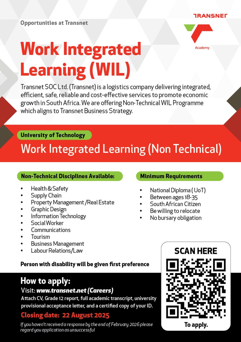 follow_transnet's tweet photo. 📢 Transnet invites students and recent graduates in technical and non-technical disciplines to apply for our 12-month Work Integrated Learning (WIL) Trainee Programme.

This is an opportunity to:
✅ Gain practical workplace experience
✅ Apply academic knowledge to real-world projects
✅ Receive hands-on training and mentorship
✅ Build skills that enhance your employability

📅 Applications close: 22 August 2025
🔗 Apply here: https://t.co/8a0ZZwIxa7
#TransnetWIL 
#GraduateOpportunities 
#ReinvetForGrowth #R4G