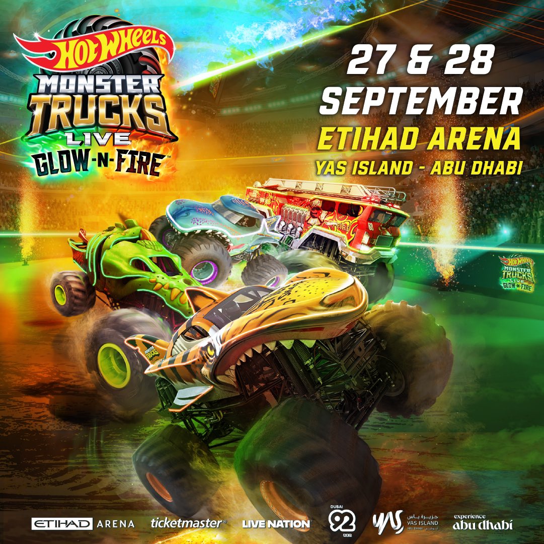 Yas Island جزيرة ياس (@yasisland) on Twitter photo 🚨 A new date has been added to the Hot Wheels Monster Trucks Live™ at #EtihadArena! 
Join us on 27-28 Sep for the brand new theme Glow-N-Fire, with thrills stunts and monster action at #YasIsland 🏁
 
Book your tickets now on Etihadarena.ae 🎟
 
#InAbuDhabi 🚨 A new date has been added to the Hot Wheels Monster Trucks Live™ at #EtihadArena! 
Join us on 27-28 Sep for the brand new theme Glow-N-Fire, with thrills stunts and monster action at #YasIsland 🏁
 
Book your tickets now on Etihadarena.ae 🎟
 
#InAbuDhabi