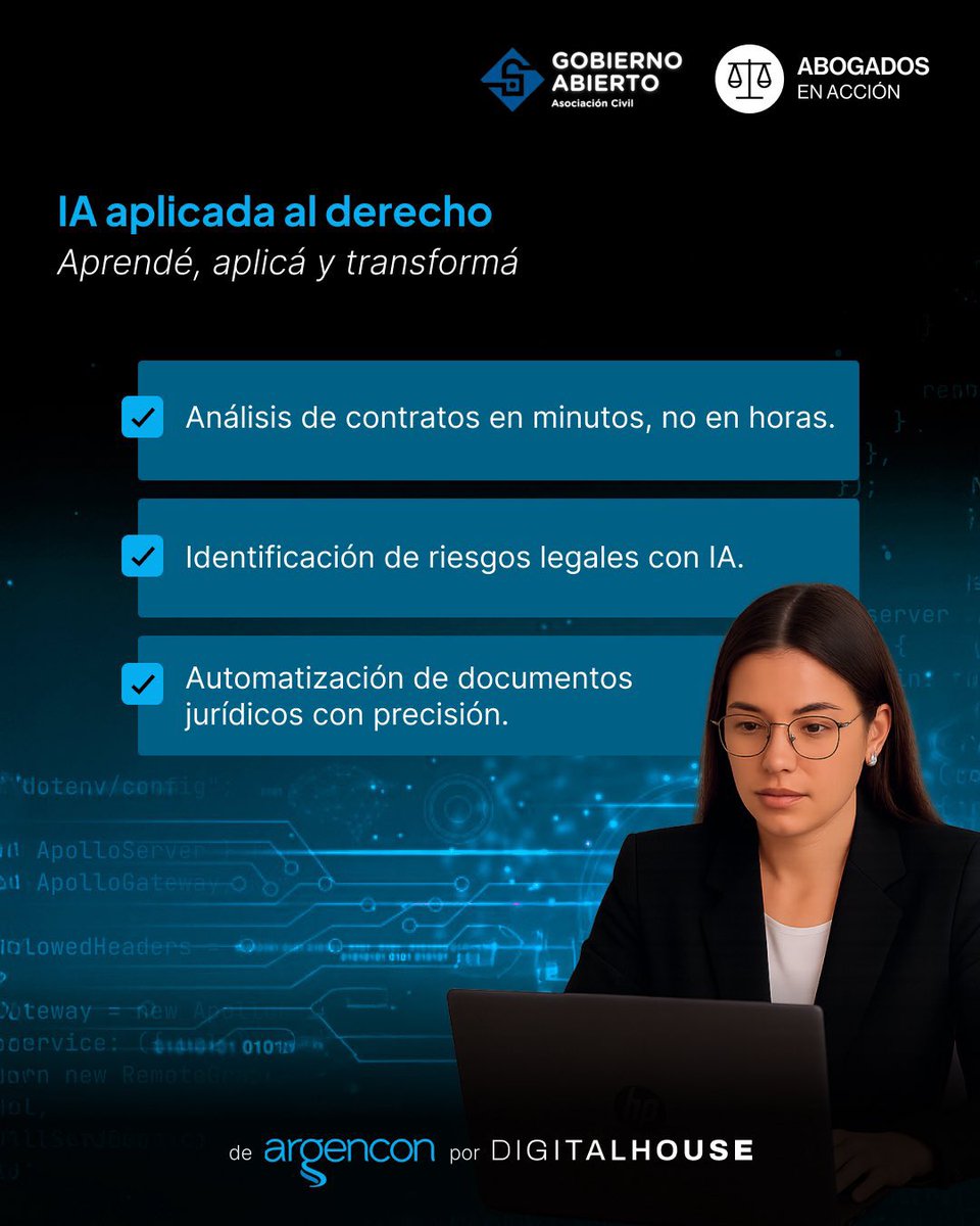 AbogadosEA's tweet photo. 🧠 Desde @AbogadosEA y en convenio con Gobierno Abierto, te acercamos la especialización “IA aplicada al Derecho” de @_digitalhouse. 

📌 Usá el código “ABOGADOSEA” y accede a un descuento exclusivo. 

👉🏽 Más info: https://t.co/auakDoIEVi

¿Qué vas a aprender? 👇🏽 https://t.co/1GzmQTmA9Y