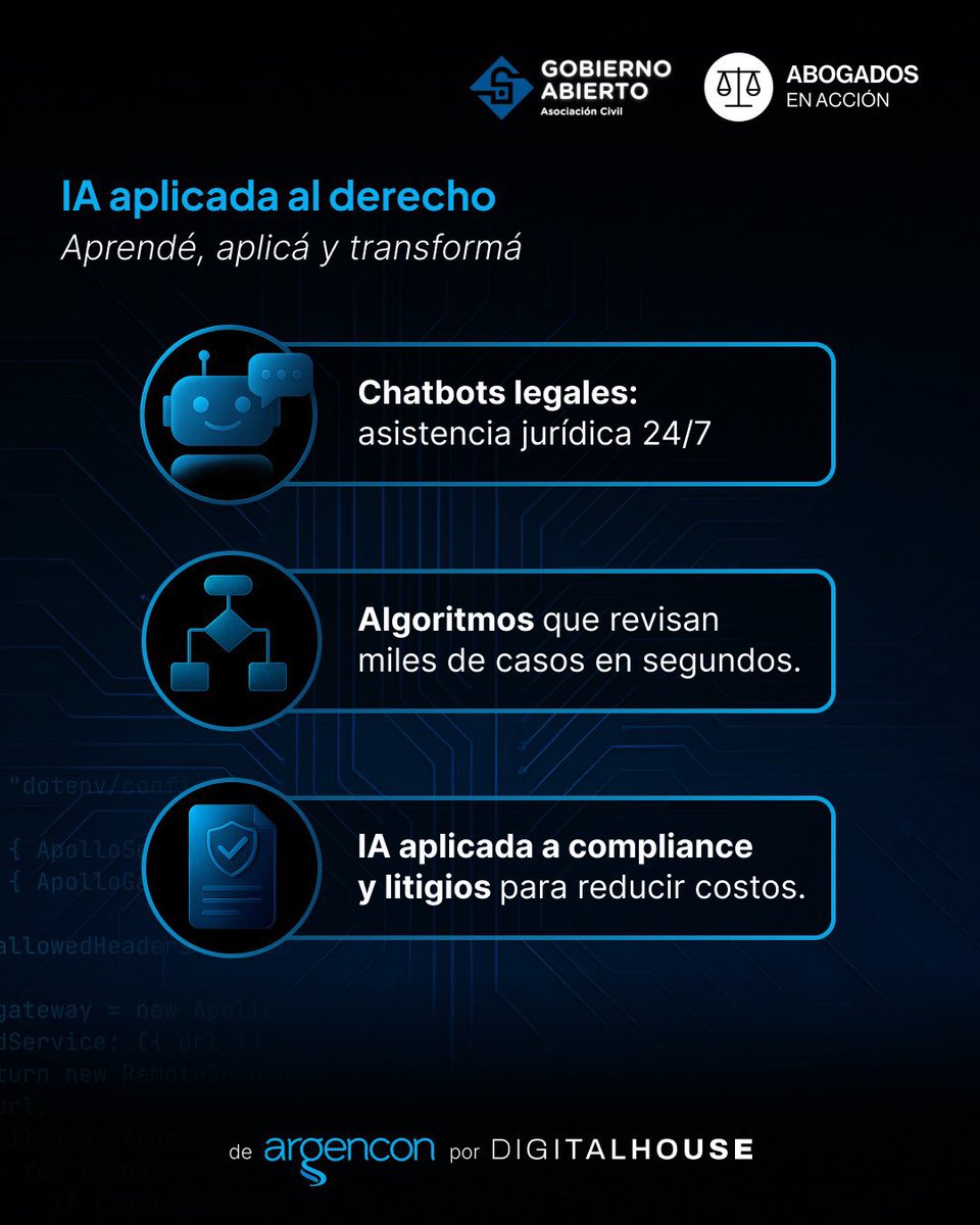 AbogadosEA's tweet photo. 🧠 Desde @AbogadosEA y en convenio con Gobierno Abierto, te acercamos la especialización “IA aplicada al Derecho” de @_digitalhouse. 

📌 Usá el código “ABOGADOSEA” y accede a un descuento exclusivo. 

👉🏽 Más info: https://t.co/auakDoIEVi

¿Qué vas a aprender? 👇🏽 https://t.co/1GzmQTmA9Y