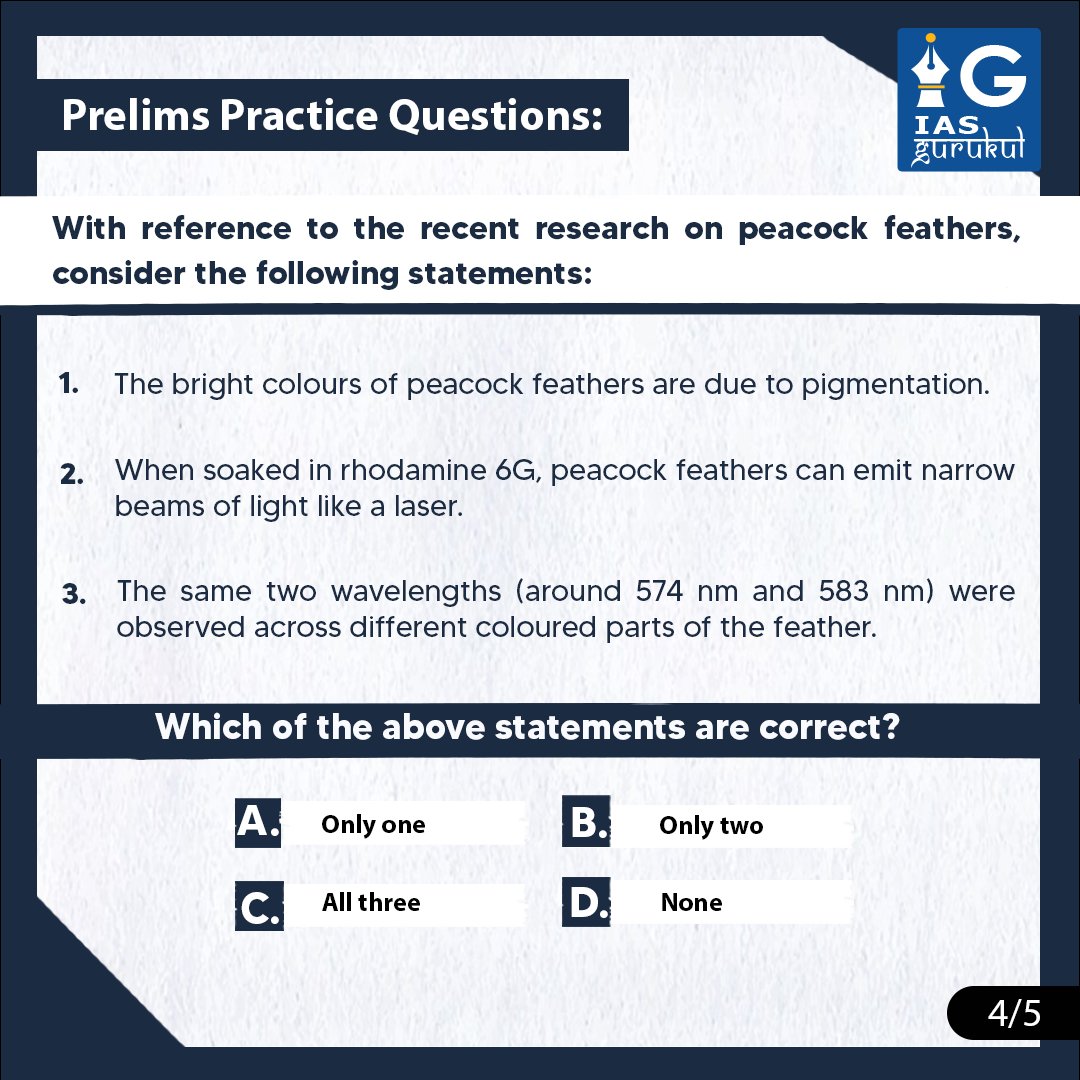 iasgurukul's tweet image. A new study reveals that peacock feathers, when soaked in rhodamine 6G dye, can act like tiny lasers by bouncing light back and forth inside their microstructures before emitting it.

#PeacockResearch #LaserPhysics #BioOptics #IASGurukul
