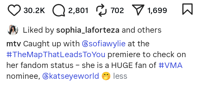 katseyie's tweet photo. the post had katseye's name, mentioned they're vma nominees, and tied it to a hollywood actress hyping them up

sophia liking it is just her supporting her group's exposure. the kats engage with posts that uplift their group

twisting it into something else says more about the people assuming than it does about sophia