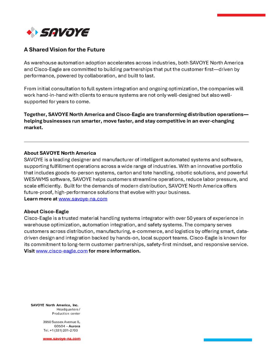 Cisco-Eagle, Inc. (@ciscoeagle) on Twitter photo Big news: Cisco-Eagle is partnering with <a href="/savoye4all/">SAVOYE</a>  North America! 
Together, we’ll deliver scalable, flexible automation, from goods-to-person systems to robotic picking, that helps warehouses run smarter, move faster, and stay competitive. Big news: Cisco-Eagle is partnering with <a href="/savoye4all/">SAVOYE</a>  North America! 
Together, we’ll deliver scalable, flexible automation, from goods-to-person systems to robotic picking, that helps warehouses run smarter, move faster, and stay competitive.