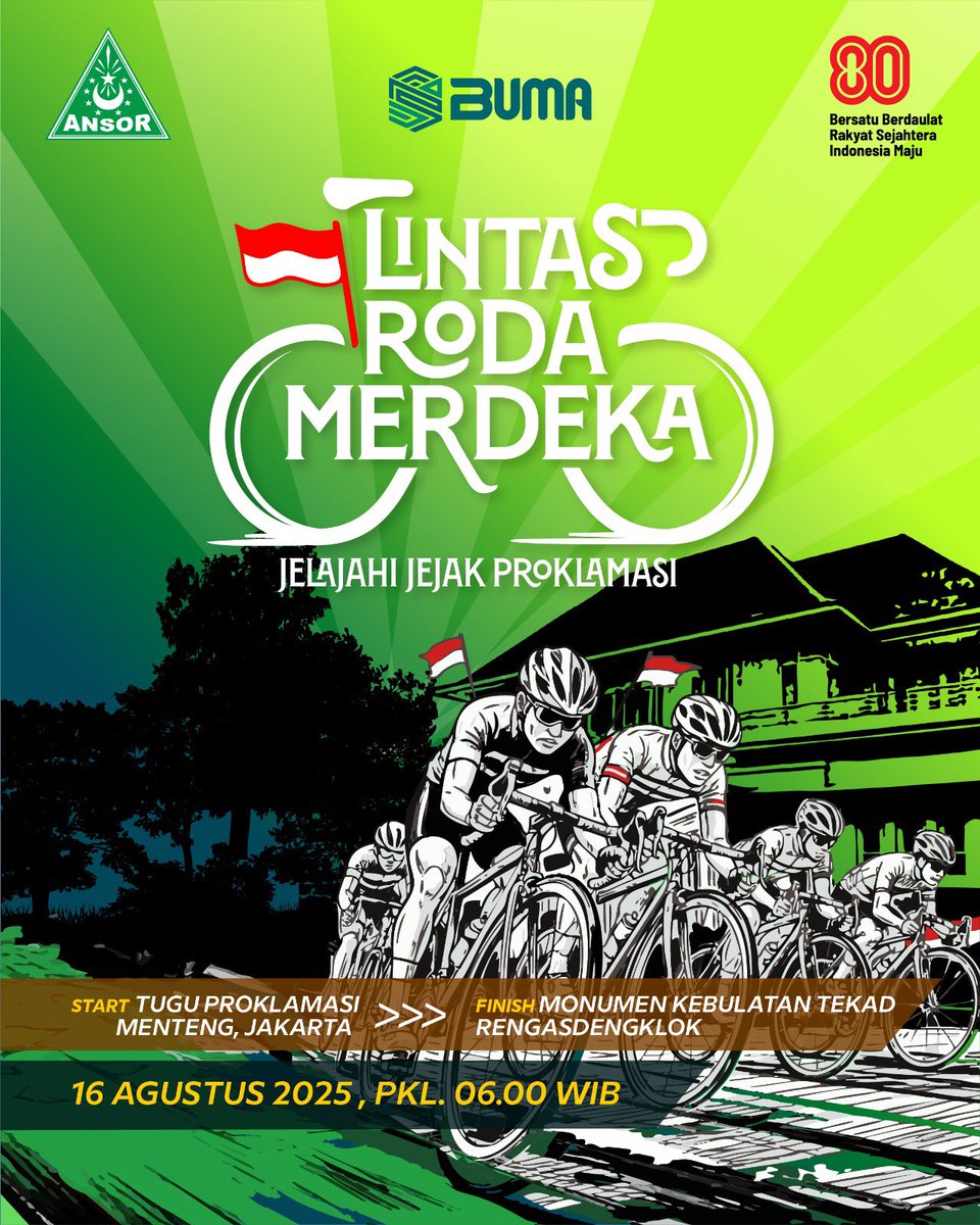 Official_Ansor's tweet photo. Gowe Bareng Sambil Rayakan 80 Tahun  Kemerdekaan Republik Indonesia 

Yuk Ikut LINTAS RODA MERDEKA 80 KM – mulai dari Tugu Proklamasi Jl. Proklamasi pegangsaan Menteng Jakarta menuju MONUMEN KEBULATAN TEKAD, RENGASDENGKLOK JAWA BARAT

📅  Sabtu, 16 Agustus 2025 Pukul : 05.30 
Ayo Join… terbuka untuk umum dan Anggota Ansor Banser