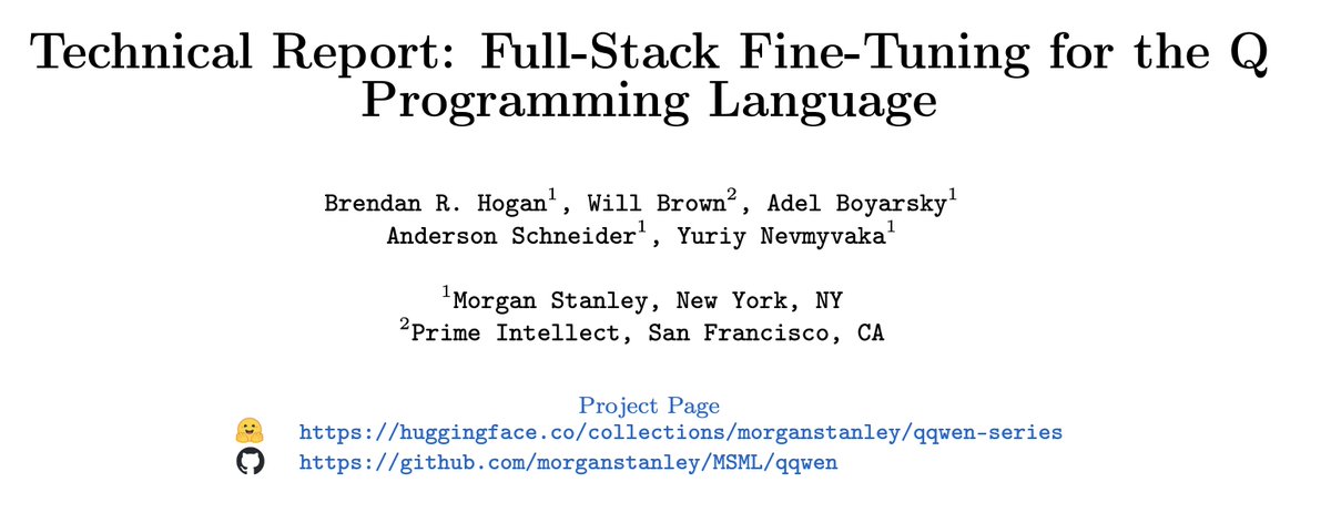 brendanh0gan's tweet image. introducing qqWen: our fully open-sourced project (code+weights+data+detailed technical report) for full-stack finetuning (pretrain+SFT+RL) a series of models (1.5b, 3b, 7b, 14b & 32b) for a niche financial programming language called Q
All details below!