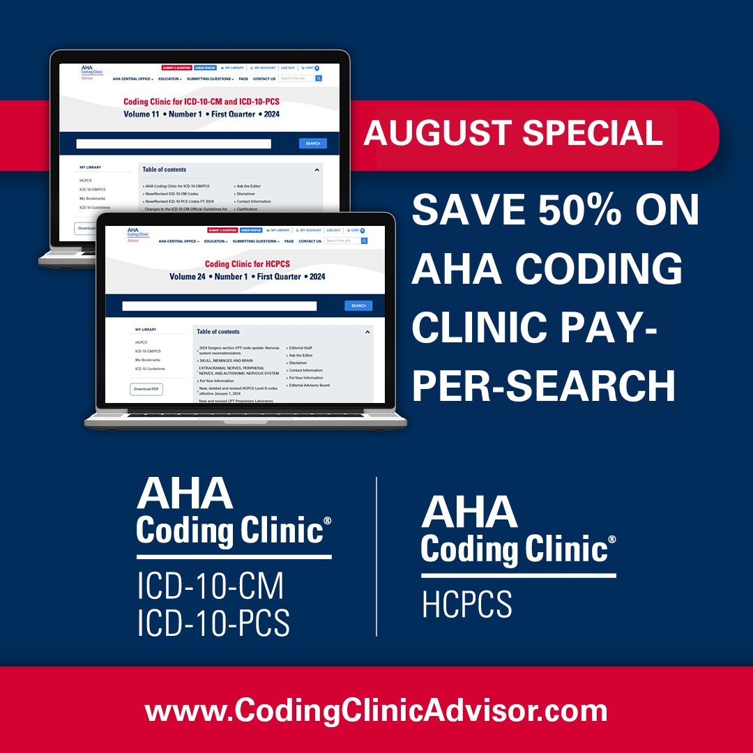 Need to find a particular AHA Coding Clinic article?
Pay-Per-Search for AHA Coding Clinic is now 50% off.
No subscription needed. Just search, find and go.

ow.ly/A8r550WzA0E

#ICD10 #HCPCS #AHACodingClinic #AHACentralOffice #MedicalCoding #HIM