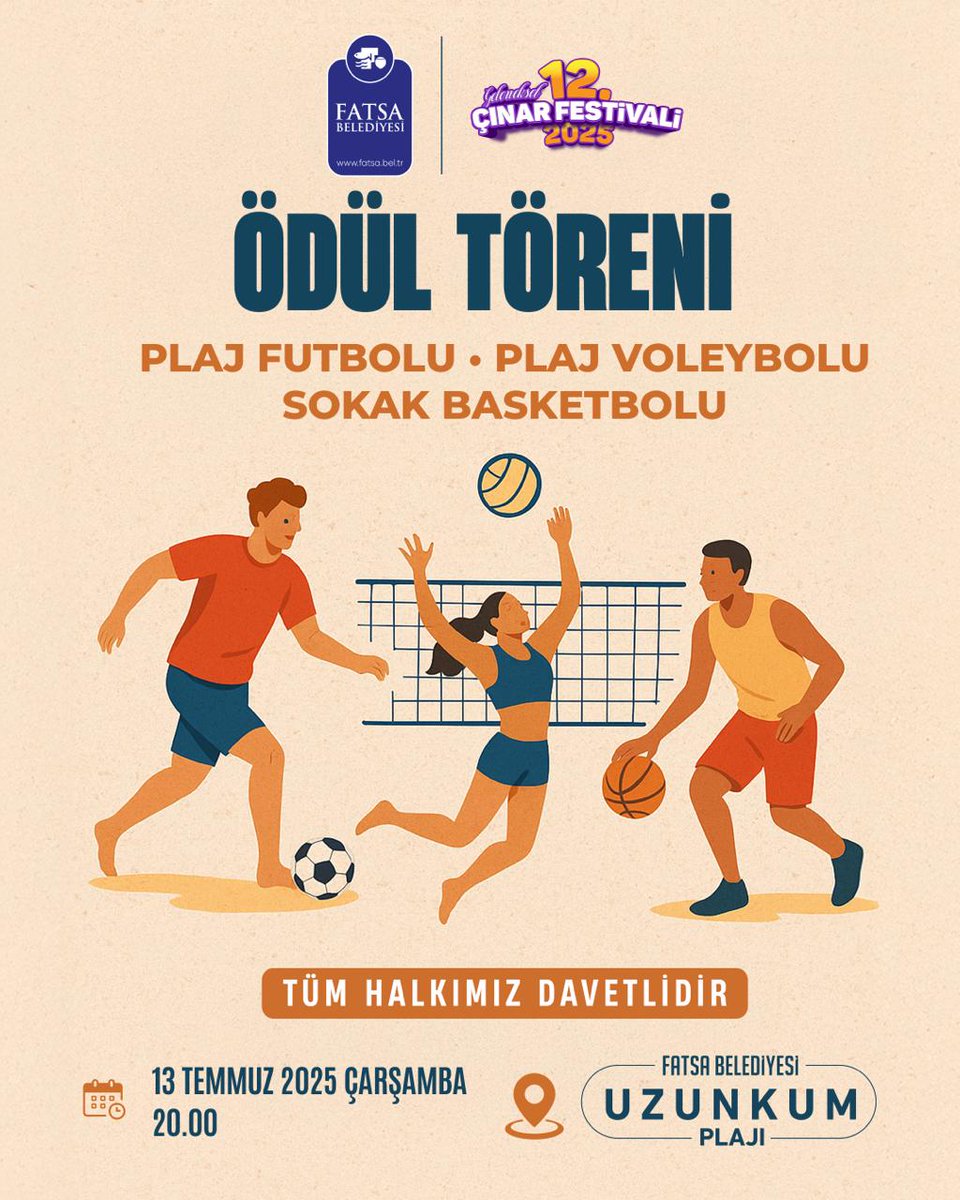 🏖 12. Çınar Festivali’nde Final Heyecanı Uzunkum’da! 🏆

Bu akşam festivalimizin en heyecanlı anlarına tanıklık etmeye hazır olun.

⚽ 17.30 – Plaj Futbolu Final Maçlarının oynanması
🏐🏀 20.00 – Plaj Futbolu, Plaj Voleybolu ve Sokak Basketbolu Ödül Töreni
📍 Uzunkum Plajı