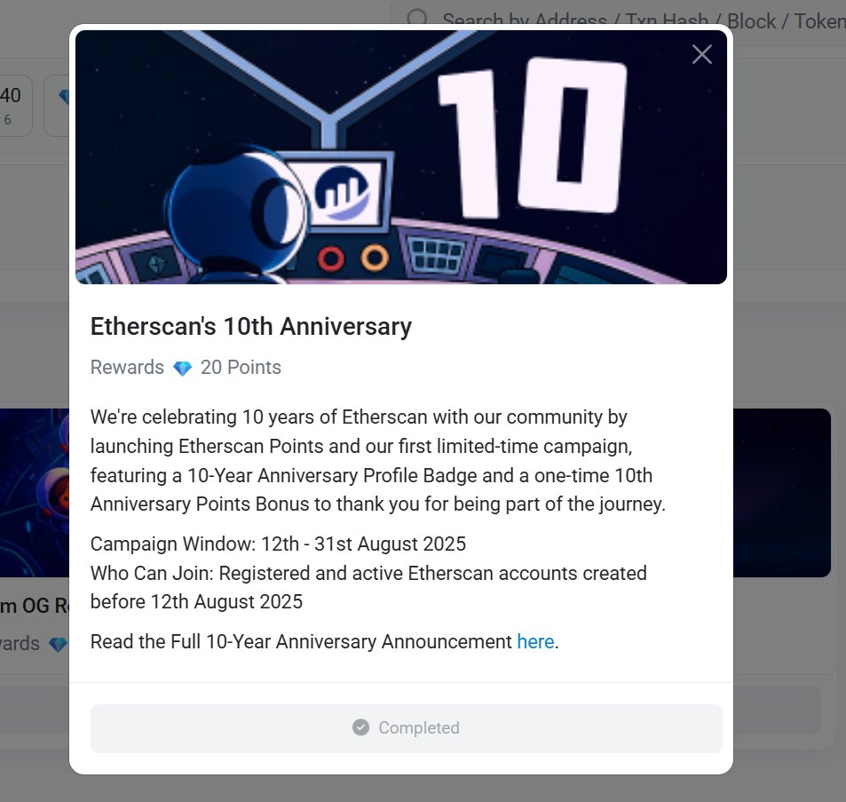 On the occasion of  #10YearsofEtherscan  just remembered an epic moment on
<a href="/etherscan/">etherscan.eth</a>
 spotting that huge airdrop I got back in 2019. The thrill of seeing that “Incoming” transaction pop up was unreal and goose bumps always🚀
Check and Claim your Etherscan Points!
ETH  FOREVER!
