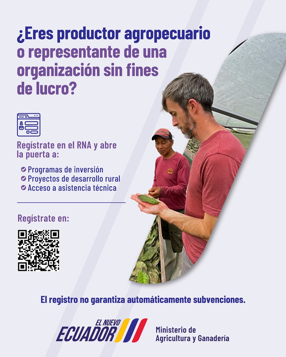 AgriculturaEc's tweet photo. ¿Sabías que al registrarte en el RNA puedes participar en programas y proyectos de inversión agropecuaria?
 
Si eres persona natural o representante de una organización sin fines de lucro, regístrate hoy y accede a oportunidades de desarrollo rural y asistencia técnica.
 
📲 Hazlo aquí: https://t.co/U1kKcyFq8c
Consulta tu registro en: https://t.co/AqlRsCISq7
 
👉 El registro no garantiza automáticamente subvenciones.
 
#ElNuevoEcuador