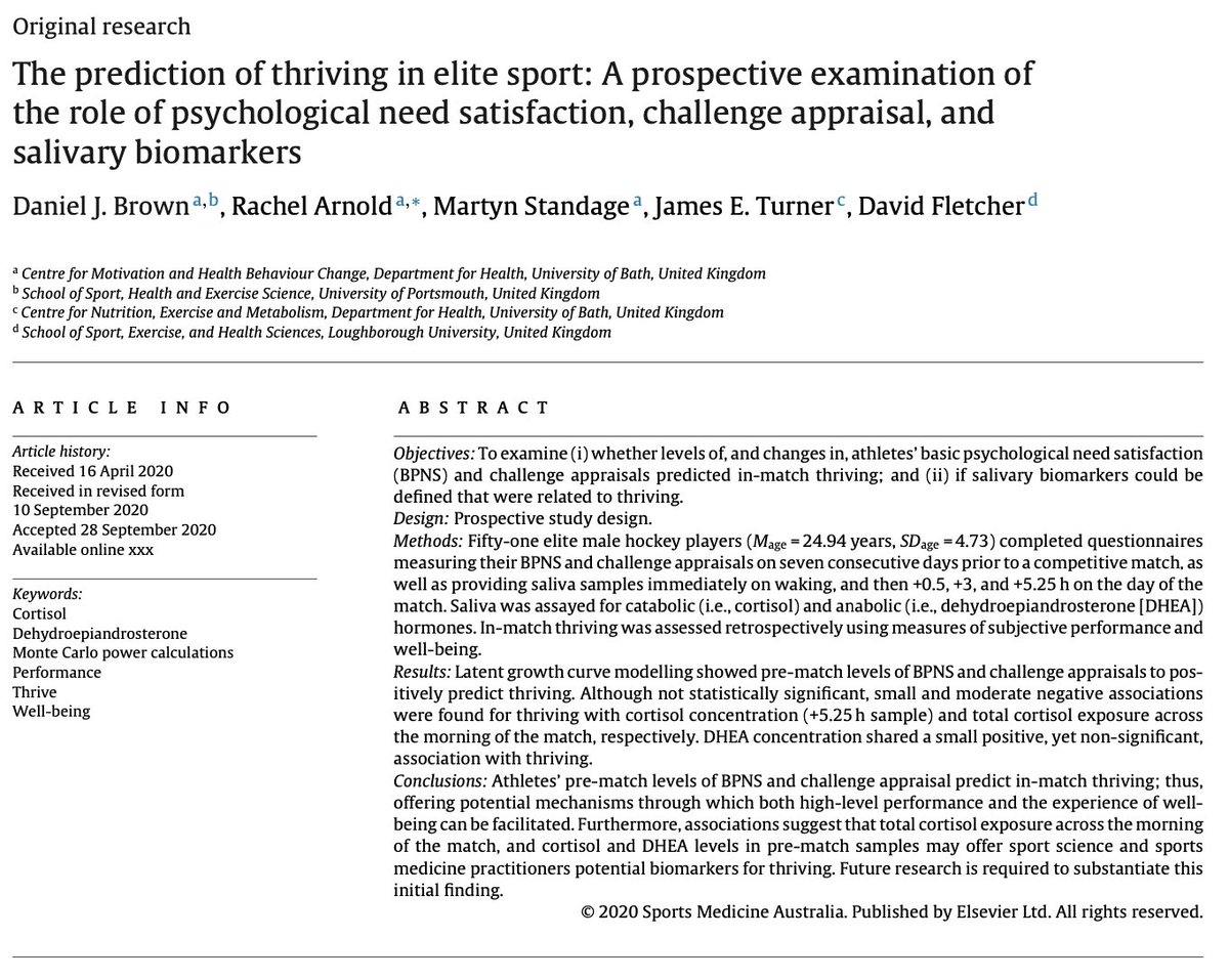 stevemagness's tweet image. What predicts performance in sport?

In a study on elite field hockey players, athletes performed better when they had:
-Sense of Autonomy
-Sense of Mastery
-Feel Belonging
-See the game as a challenge instead of a threat