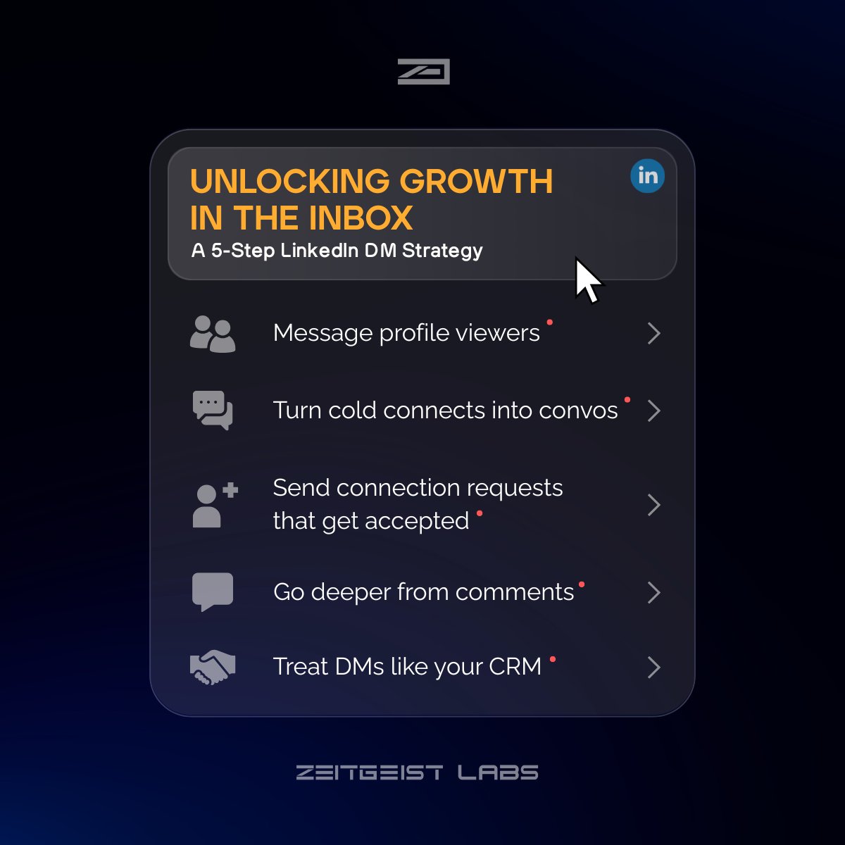 Your next big client isn’t waiting in the comments, they’re in your DMs. 

Use these 5 steps:
Message profile viewers
Turn cold connects into convos
Send connection requests that get accepted
Go deeper into the comments
Treat DMs like your CRM