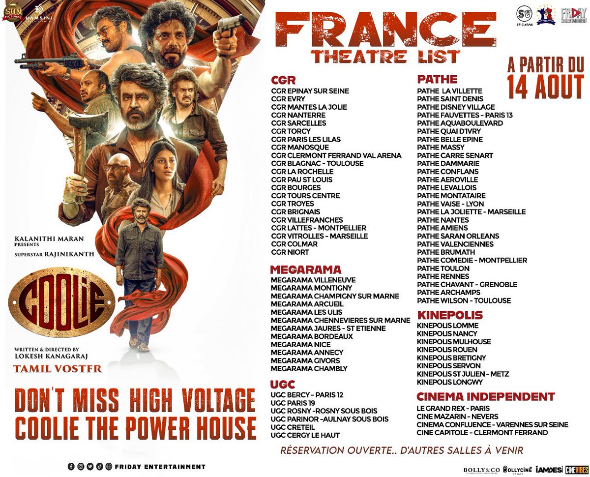 Friday Entertainment (@fridayentmt) on Twitter photo Only One. The OG. The Super One. 🔥
Congratulations, Thalaivar <a href="/rajinikanth/">Rajinikanth</a>, on 50 glorious years in cinema 🎦
#France 🇫🇷 Theatre list for #Coolie
#SuperstarRajinikanth Only One. The OG. The Super One. 🔥
Congratulations, Thalaivar <a href="/rajinikanth/">Rajinikanth</a>, on 50 glorious years in cinema 🎦
#France 🇫🇷 Theatre list for #Coolie
#SuperstarRajinikanth