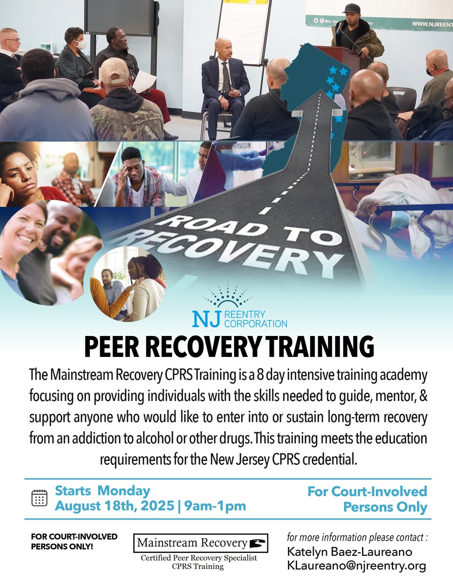 NJ_Reentry's tweet photo. #MainstreamRecovery #CPRSTraining: 8-day intensive academy, August 18, at #NJRC Training Center. Individuals gain skills to guide, #Mentor & #Support those seeking long-term #Recovery from addiction. Meets NJ #CPRS credential requirements.
Contact: KLaureano@njreentry.org https://t.co/Wlo06xWQ2k