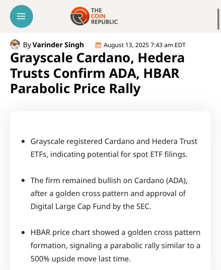 markchadwickx's tweet photo. 🚨 Just In: Grayscale Cardano, Hedera Trusts Confirm $ADA, $HBAR Parabolic Price Rally ($5.00?!)

TheCoinRepublic Reports:

“Increasing Institutional Interest in Hedera: Grayscale’s filing of Hedera Trust ETF also signals a strategic move to seek approval for spot Hedera ETF.”

“This coincides with a “golden cross” pattern formation in the daily timeframe. The pattern forms when the 50-moving (blue) average crosses above the 200-week (red) moving average.”

“The last time it happened, HBAR price rallied more than 500% to hit a high of $0.570. HBAR price is projected to hit $5 on ETF anticipation and institutional interest”

I’ve seen this $5 target now from multiple official sources - do you guys think it’s realistic or is this just hype? 🤔 😜