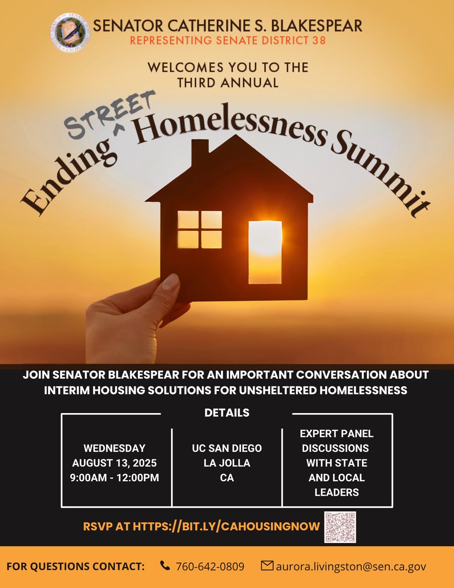Senator Catherine Blakespear (@senblakespear) on Twitter photo Good morning! I’m looking forward to seeing you today at the Third Annual Ending Homelessness Summit where we’ll discuss regional and state initiatives to end our street homelessness crisis. The event is free to attend at UCSD or can be streamed live at senate.ca.gov/Blakespear Good morning! I’m looking forward to seeing you today at the Third Annual Ending Homelessness Summit where we’ll discuss regional and state initiatives to end our street homelessness crisis. The event is free to attend at UCSD or can be streamed live at senate.ca.gov/Blakespear
