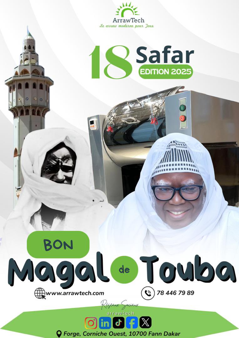 Bon Magal de Touba 2025 à toutes et à tous 🙏🌟
Chez #ArrawTech, nous unissons innovation et tradition pour servir notre communauté.
#Innovation #Touba #MadeInSenegal #Technologie #18Safar #IndustrieSenegal