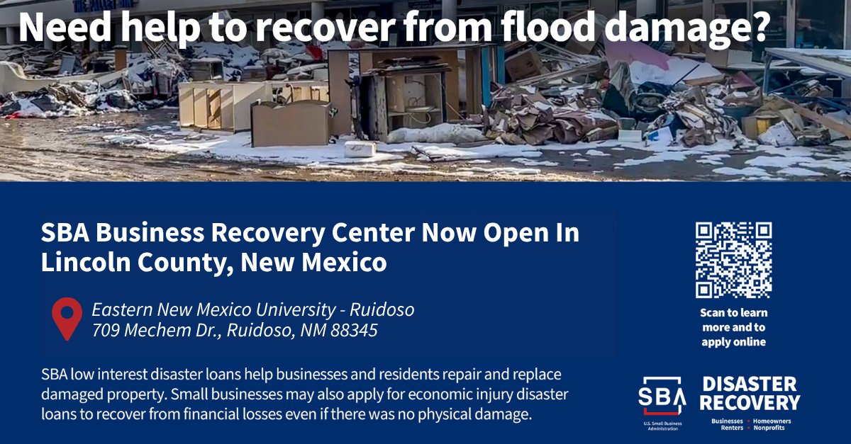 📢 Attention #NewMexico businesses, nonprofits, and residents affected by recent flooding. <a href="/SBAgov/">SBA</a>’s Business Recovery Center at Eastern New Mexico University-Ruidoso (#ENMU) is now open to assist survivors. Apply in person or online: lending.sba.gov