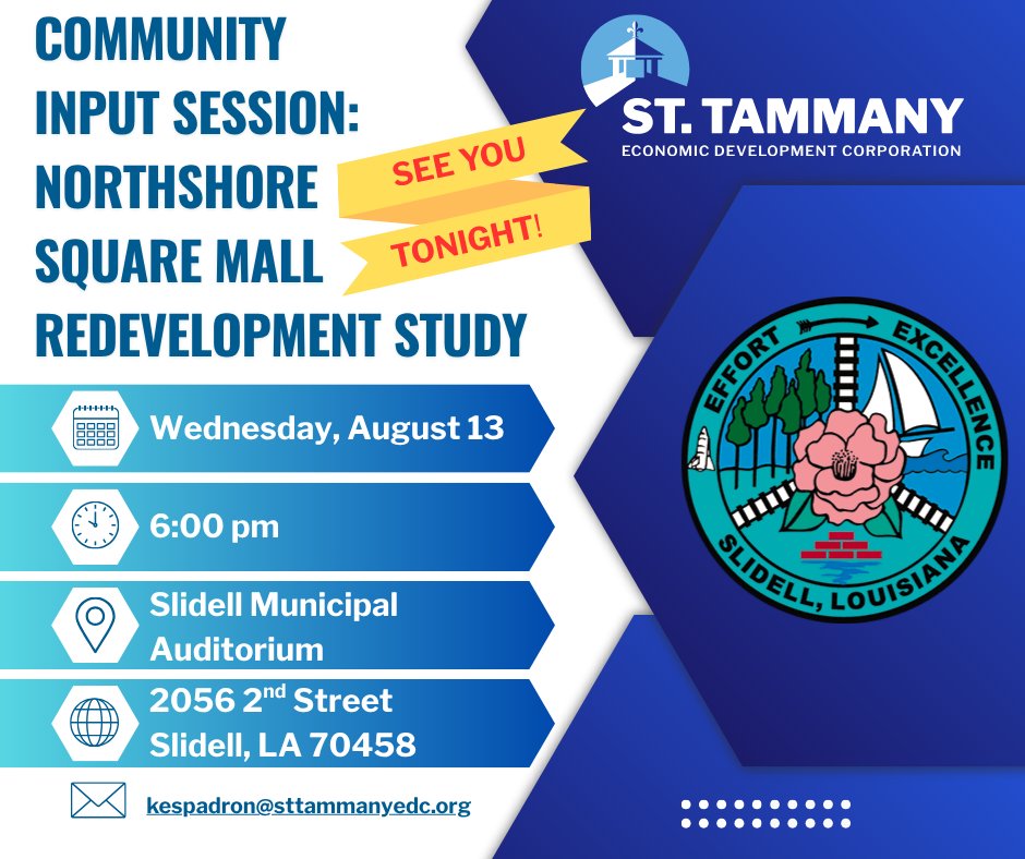 Northshore residents - have a say in the future of Northshore Square Mall TONIGHT! Share your ideas and help shape what’s next for this key community space. For more info, email kespadron@sttammanyedc.org <a href="/CityofSlidell/">City of Slidell, LA</a>
🗓 Aug. 13 | 🕕 6 PM | 📍 Slidell Municipal Auditorium