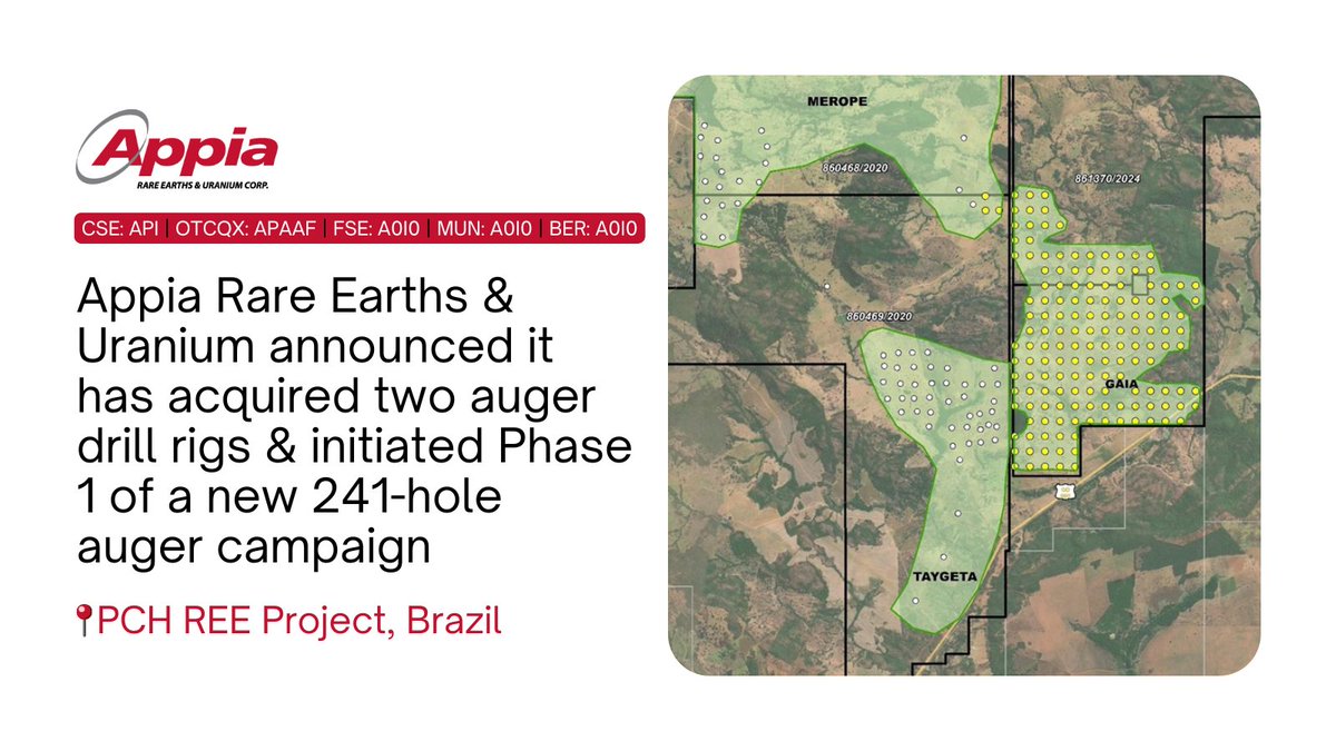 ✅ Phase 1 initiated of a new 241-hole auger campaign

These first holes will test the newly defined Gaia target, located adjacent to the Taygeta &amp; Merope zones
📍 PCH rare-earth element Project | Goiás State
🔗 stockmkt.info/3IShopF
🇨🇦 $API.CA 🇺🇸 $APAAF 🇩🇪 FWB: A0I0