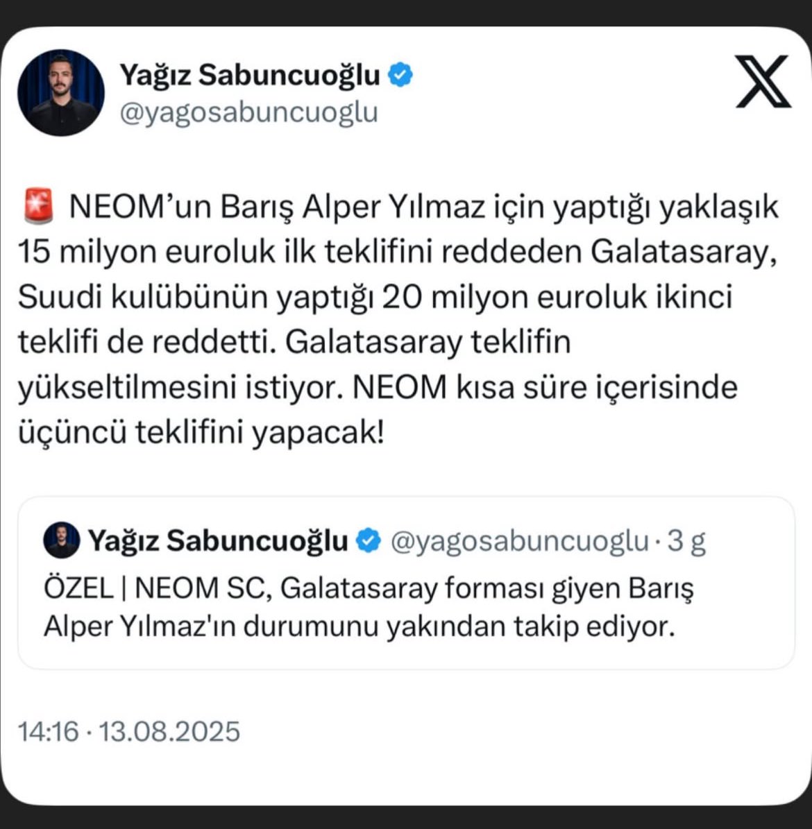Galatasaray Barış Alper Yılmaz için 50m€ 100m€ istiyor falan diyenler vardı adama gelen en yüksek transfer teklifi 20m€ sggsshah 😂😂😂

#meteoryağmuru #ElcinSangu #barışalper #Galatasaray #transfer #berke #Fenerbahçe 

<a href="/yagosabuncuoglu/">Yağız Sabuncuoğlu</a>