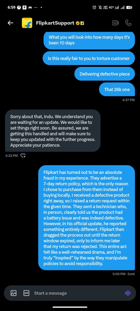 Indu48046721's tweet photo. @flipkartsupport You are just giving template messages not even replying to it properly just giving sorry will be back but no resolution from last 10 days https://t.co/Opik1JdM7Y