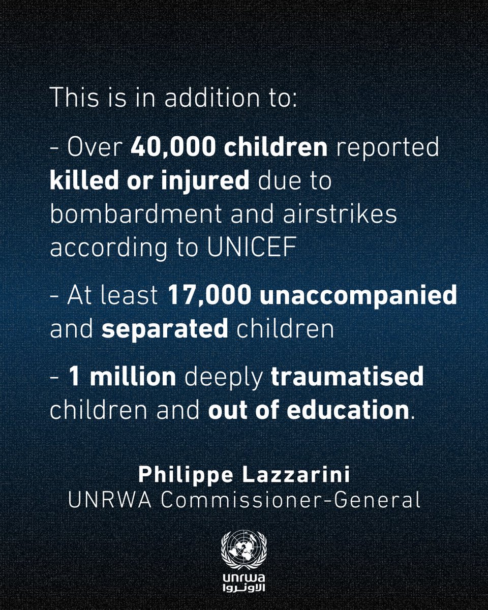 UNRWA's tweet photo. “The latest in the war on children & childhood in #Gaza.
At least 100 children die of malnutrition and hunger, according to @‌save_children

This is in addition to:

- Over 40,000 children reported killed or injured due to bombardment & airstrikes @‌UNICEF

- At least 17,000 unaccompanied and separated children

- ⁠1 million deeply traumatised children and out of education.

Children are children.

No one should stay silent when children die, or are brutally deprived of a future, wherever these children are, including in Gaza.”

— @‌UNLazzarini