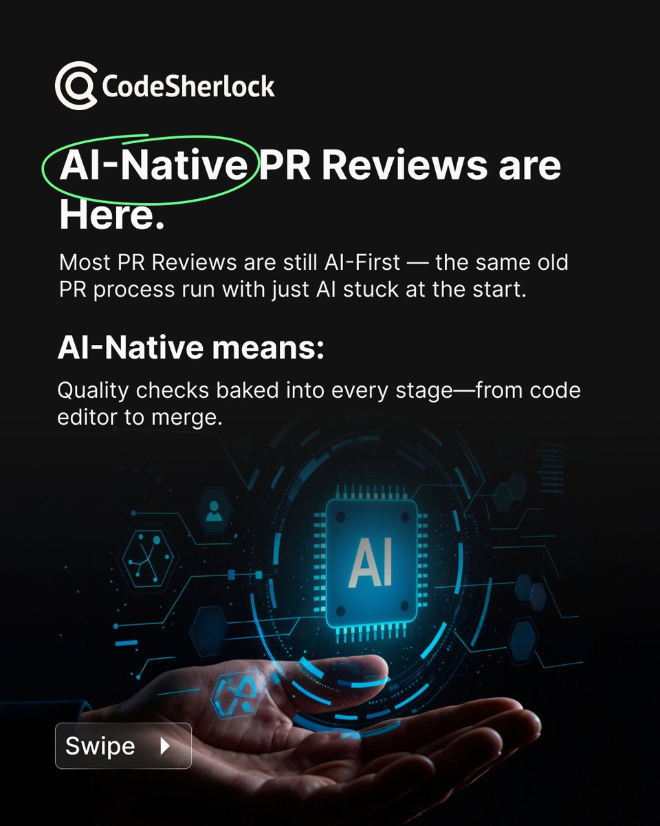 codesherlockai's tweet photo. Most “AI-powered” PR reviews aren’t AI-Native.

AI-Native means:
• Issues flagged as you write
• Security & standards checked before human review
• Consistency across every stage
Faster merges. Higher quality. Less rework.
The next 5 years will belong to AI-Native teams.
https://t.co/7237dLngUT
#AINative #CodeReview #DevTools