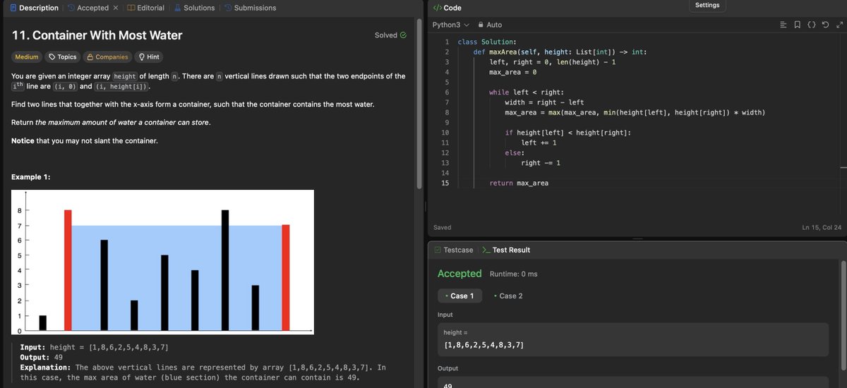 Priyansh0310's tweet photo. Two Pointer/Container with most water.
Return the maximum amount of water a container can store.
#LeetCode30
12/30
#Python #DSA #100DaysOfCode #LeetCode https://t.co/LkzxYR8WKq