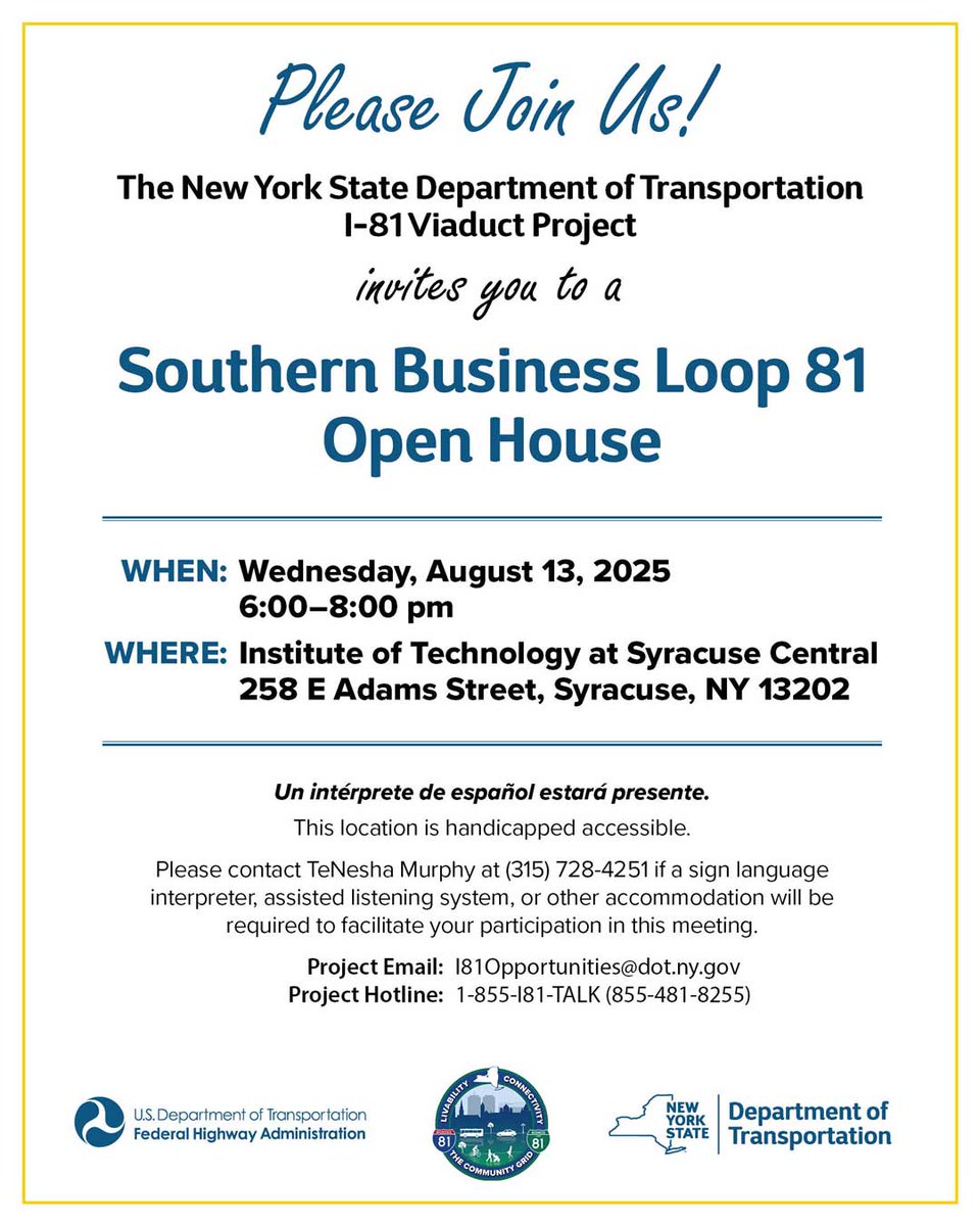 NYSDOTI81's tweet photo. Tonight is the night! 🚧 Join us at our open house at the Institute of Technology at Syracuse Central to talk about construction on Interstate 81 between East Colvin Street and Burt Street in the City of Syracuse as part of Contract 5 of the I-81 Viaduct Project. https://t.co/fiWOjRXsiM