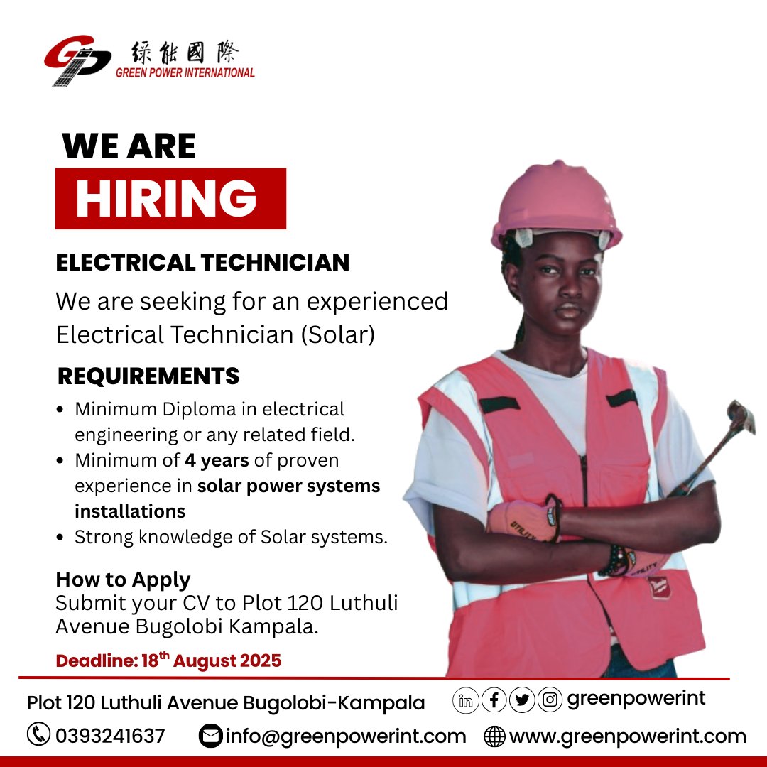 We’re hiring! Electrical Technician with 4+ years’ experience in solar power system installations. Bring your CV to our offices at Plot 120, Luthuli Avenue, Bugolobi, Kampala. Join us in powering a sustainable future