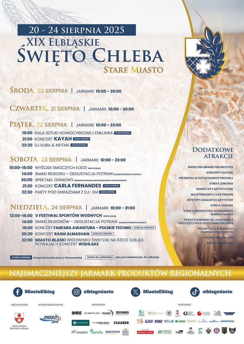Poczuj smak, tradycje i atmosferę Elbląga!
Już 20-24 sierpnia zapraszamy na XlX Elbląskie Święto Chleba- wyjątkowe wydarzenie, które łączy tradycję, muzykę i radość wspólnego spędzania czasu.